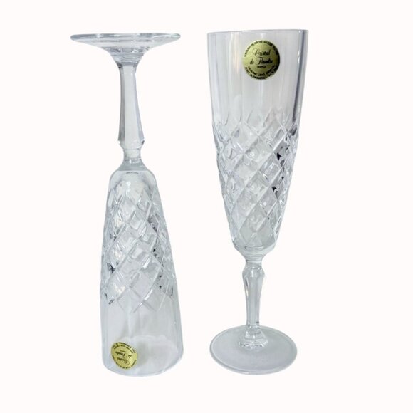 French Crystal Champagne Glasses VTG Set of 2 Cristal De Flandre Flutes Stemware - Picture 3 of 15